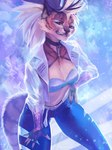 anthro breasts brown_eyes clothed clothing ear_piercing female fur hair looking_at_viewer piercing smile solo juliathedragoncat league_of_legends riot_games tencent akali_(lol) felid feline mammal 2021 3:4 digital_media_(artwork) hi_res