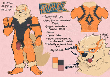 abs ankle_tuft anthro areola ball_tuft balls barefoot biceps bodily_fluids body_hair braces crotch_tuft eyewear fangs feet flaccid genitals glasses happy_trail humanoid_genitalia humanoid_penis leg_tuft male markings muscular muscular_anthro muscular_male nervous nervous_sweat nipple_dip nipples obliques one_eye_closed pecs penis presenting_mouth quads sharp_teeth smile solo stocky sweat teeth text trapezius tuft v-cut wearing_glasses exsys nintendo pokemon arthur_"artie"_(exsys) arcanine generation_1_pokemon pokemon_(species) english_text hi_res model_sheet