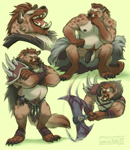 anthro axe balls battle_axe bottomwear cape claws clothed clothing crossed_arms digitigrade eyes_closed fangs flaccid fur genitals loincloth male melee_weapon musclegut muscular muscular_anthro muscular_male nude open_mouth overweight overweight_anthro overweight_male partially_clothed penis pubes sharp_teeth sitting solo standing tan_body tan_fur teeth weapon concoction_(artist) gnoll hyena mammal hi_res