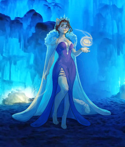 anthro blue_clothing blue_dress breasts brown_hair clothing crown dress female fur hair headgear looking_at_viewer magic on_one_leg smile solo standing tail white_body white_fur devergilia lyubov_(devergilia) domestic_cat felid feline felis mammal 2025 digital_media_(artwork) hi_res