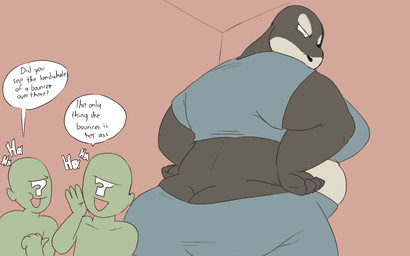 anthro big_butt breasts butt dialogue ?_face female group huge_butt larger_female laugh male no_irises overweight simple_background size_difference smaller_male speech_bubble text shamelesss dc_comics anon orca_(dc) 16:10 english_text