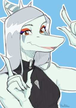 amber_eyes anthro black_clothing black_topwear blue_background blue_body bone bone_frill breasts clothing collar eyelashes female fingers frill_(anatomy) grey_hair hair half-closed_eyes humanoid_hands jewelry long_eyelashes long_hair looking_at_viewer markings medium_breasts narrowed_eyes necklace non-mammal_breasts o-ring open_mouth open_smile outline simple_background skull smile solo spiked_collar spikes striped_markings stripes text topwear white_outline alexnikky cavemanon_studios goodbye_volcano_high ko_op_(game_developer) snoot_game fang_(gvh) prehistoric_species pterosaur reptile scalie absurd_res artist_name colored hi_res shaded