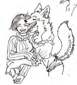 anthro bottomwear claws clothed clothing duo ear_piercing eyes_closed female hair interspecies licking open_mouth piercing simple_background smile sweater tail teeth tongue tongue_out topwear underwear white_background kyokyota canid canine canis human mammal wolf 2017 black_and_white hi_res monochrome traditional_media_(artwork)