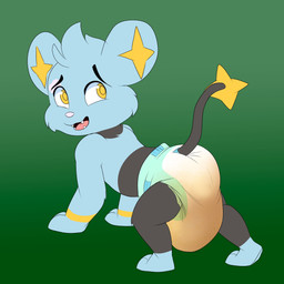 big_diaper clothed clothing diaper diaper_only feral male rear_view soiled soiled_diaper solo topless unclean_diaper used_diaper wearing_diaper baltnwolf nintendo pokemon generation_4_pokemon pokemon_(species) shinx 1:1 hi_res