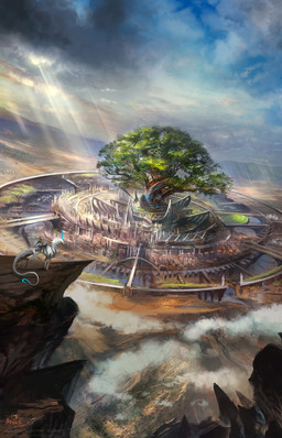 anthro blue_horn blue_tail_tip city cityscape cloud day dipstick_tail duo ehraan_city female feral giant_tree hair horn light long_horn long_tail markings mount outside plant red_hair rider rock saddle saddle_bag sitting sitting_on_another standing sunlight tail tail_markings tree vantage_point white_tail alectorfencer myre mythology myre_(alectorfencer) varug canid canine canis coyote dragon mammal mythological_creature mythological_scalie scalie wingless_dragon hi_res