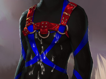 anthro bodily_fluids body_fur cum genital_fluids harness male markings paint solo torso_shot fraya.diblidu charlie_fisher_(skulldog) skulldog_(species) 4:3