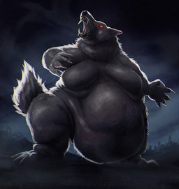 ambiguous_gender anthro belly big_belly fangs fur grey_body grey_fur morbidly_obese obese open_mouth overweight red_eyes solo teeth mistymistmi mythology canid canine canis mammal mythological_canine mythological_creature werecanid werecanine werecreature werewolf wolf