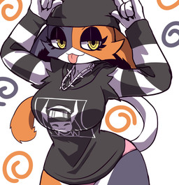 anthro beanie big_breasts breasts clothing eyelashes eyeshadow female fur hat headgear headwear hoodie jewelry makeup multicolored_body nails necklace orange_body orange_fur panties pink_clothing pink_panties pink_underwear sharp_nails solo tail tongue tongue_out topwear underwear white_body white_fur yellow_eyes oreon_smol epic_games fortnite meow_skulls calico_cat domestic_cat felid feline felis mammal 2025 hi_res