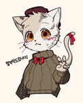 ambiguous_gender anthro blush blush_lines clothing fur grey_body grey_clothing grey_fur grey_shirt grey_topwear hat headgear headwear kemono mouth_closed red_ribbon ribbons shirt solo text topwear whiskers popokachip poka_(popokachip) domestic_cat felid feline felis mammal korean_text