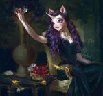 1_horn anthro anthrofied apple black_clothing black_dress blue_eyes breasts chair cleavage clothed clothing curly_hair dress female flower food fruit fur furniture hair holding_flower holding_object horn long_hair mole_under_eye on_chair plant purple_hair short_sleeves sitting sitting_on_chair solo table vase white_body white_flower white_fur p0nyplanet friendship_is_magic hasbro my_little_pony mythology rarity_(mlp) equid equine mammal mythological_creature mythological_equine unicorn digital_drawing_(artwork) digital_media_(artwork) hi_res inspired_by_formal_art watermark
