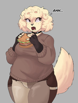 anthro black_nose bottomwear breasts brown_eyebrows brown_eyes burger clothed clothing collar cute_fangs eyebrows eyelashes fangs female fluffy fluffy_tail food freckled_face freckles fur hair holding_burger holding_food holding_object long_eyelashes long_tail open_mouth pants pupils short_ears solo sweater tail tan_body tan_ears tan_fur tan_hair tan_tail teeth text thick_thighs tongue topwear skibanana jessica_(skibanana) canid canine canis domestic_dog mammal english_text hi_res