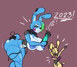 anthro big_breasts bottle breasts container controller cord crossgender duo ear_piercing electronics exclamation_point female fingers game_controller green_eyes headphones machine mtf_crossgender piercing stormkinght five_nights_at_freddy's five_nights_at_freddy's_2 scottgames spring_bonnie_(fnaf) toy_bonnie_(fnaf) animatronic lagomorph leporid mammal rabbit robot 2023 digital_media_(artwork)