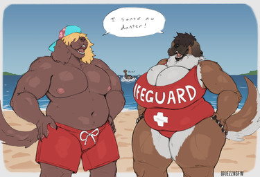 anthro areola asphyxiation backwards_baseball_cap backwards_hat baseball_cap beach big_breasts black_hair black_nose blonde_hair both_sexes_in_same_situation breasts brown_body brown_fur cleavage clothed clothed_anthro clothed_female clothed_male clothing detailed_background dialogue drowning duo_focus ear_piercing female female_anthro front_view fur group hair hair_over_eyes hand_on_hip hand_on_own_hip hat headgear headwear irony lifeguard male male_anthro navel nipples oblivious one-piece_swimsuit open_mouth overweight overweight_anthro overweight_female overweight_male piercing pink_areola pink_nipples sand sea speech_bubble standing swimming_trunks swimwear tail tan_body tan_fur text thick_thighs three-quarter_view topless topless_anthro topless_male trio water wide_hips jezzlen chuy_(jezzlen) mollie_(jezzlen) asinus canid canine canis domestic_dog donkey equid equine mammal english_text hi_res