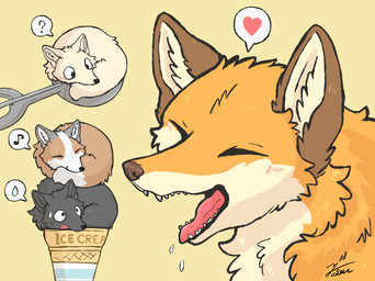 ambiguous_gender black_body black_eyes black_fur black_nose blush bodily_fluids brown_body brown_ears brown_fur brown_nose cheek_tuft countershade_face countershading dessert eyes_closed facial_tuft feral fluffy food fur grey_body grey_fur group heart_symbol ice_cream ice_cream_cone inner_ear_fluff multicolored_body multicolored_fur multicolored_tail musical_note musical_symbol open_mouth orange_body orange_fur pink_tongue question_mark saliva simple_background size_difference smaller_ambiguous speech_bubble sweat symbol tail tan_body tan_fur teeth tongue tuft two_tone_body two_tone_fur white_body white_fur white_inner_ear yellow_background fusau canid canine canis fox mammal 2025 digital_media_(artwork) hi_res signature