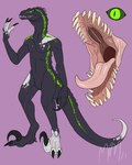 3_toes 4_fingers anthro black_claws claws dark_body feet finger_claws fingers front_view glistening glistening_tongue green_body green_eyes green_sclera green_spots grey_body head_spikes male markings mouth_shot open_mouth pink_tongue pupils purple_background sharp_teeth simple_background slit_pupils solo spikes spikes_(anatomy) spots spotted_body spotted_markings spotted_neck spotted_shoulders spotted_tail tail tail_markings teeth toes tongue white_body white_fingers imperatorcaesar scalie absurd_res hi_res model_sheet