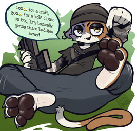 3_toes anthro barefoot beanie black_pawpads claws clothed clothing countershade_feet countershading currency_amount dialogue dirty_talk feet female financial_domination foot_fetish foot_focus gesture gun hand_gesture hat headgear headwear hindpaw hoodie lidded_eyes mottled open_mouth pawpads paws piebald piercing pink_pawpads plantigrade pointing prostitution ranged_weapon soles solo striped_sleeves talking_to_another talking_to_viewer text toe_claws toes topwear weapon sharkysocks epic_games fortnite meow_skulls calico_cat domestic_cat felid feline felis mammal 2022 english_text