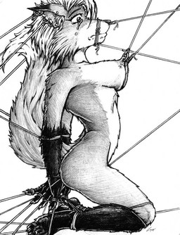 ankles_tied anthro bdsm bodily_fluids bondage bound breasts dipstick_tail ear_bondage ear_piercing ear_ring facial_piercing female fingers_tied gloves_(marking) hands_behind_back legs_tied markings masochism multiple_piercings muzzle_(object) muzzled nipple_piercing nipple_ring nipple_ring_pull nipples nose_piercing nose_ring nose_ring_pull pain piercing piercing_bondage piercing_pull ring_piercing septum_piercing septum_ring simple_background solo tail tail_markings tears white_background gearlock canid canine fox mammal 2005 monochrome traditional_media_(artwork)