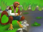 4_fingers 4_toes anthro arm_tuft beak biped bottomwear broken_arm broken_wing broken_wrist brown_body brown_feathers cast cheek_tuft claws clothing digitigrade facial_tuft feathered_tail feathered_wings feathers feet fingers grass green_clothing green_eyes green_shirt green_topwear grey_beak happy kneeling leg_tuft lily_pad medical_sling multicolored_beak plant pond scuted_hands scutes shirt shorts tail tail_tuft talons tan_body tan_feathers toes topwear tuft two_tone_beak water white_claws winged_arms wings wonderofuwu wrist_tuft yellow_beak pavlos_andriades accipitrid accipitriform amphibian avian bird eagle frog golden_eagle true_eagle absurd_res hi_res nonbinary_(lore)