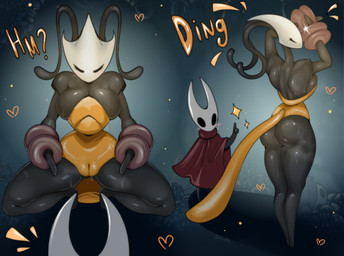 antennae_(anatomy) anthro big_breasts big_butt black_body blush breasts butt cleavage cleavage_overflow clothed clothing crouching duo eyelashes featureless_feet feet female front_view genitals innie_vulva plump_labia rear_view thick_thighs vulva white_body wide_hips shindortes hollow_knight:_silksong hollow_knight_(franchise) team_cherry hornet_(hollow_knight) shakra_(hollow_knight:_silksong) arthropod insect absurd_res hi_res