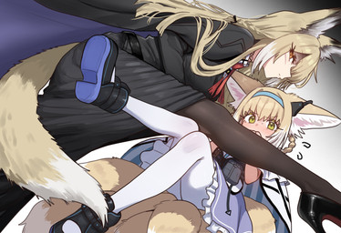 accessory bangs blonde_hair blush blush_lines braided_hair brown_eyes clothing dipstick_tail dress duo ears_down electronics facial_scar female flustered footwear glaring_at_viewer green_eyes hair hair_accessory hairband headphones high_heels inner_ear_fluff larger_female legwear loli long_hair looking_at_viewer markings mature_female narrowed_eyes neck_tattoo necktie pivoted_ears pupils scar shoes size_difference slit_pupils smaller_female stockings sweat_emanata tail tail_markings threatening_viewer tuft uniform young young_female ebora arknights hypergryph studio_montagne suzuran_(arknights) vulpisfoglia_(arknights) animal_humanoid canid canid_humanoid canine canine_humanoid fennec_fox fox fox_humanoid fox_spirit humanoid mammal mammal_humanoid true_fox 2025 absurd_res detailed digital_drawing_(artwork) digital_media_(artwork) hi_res daughter_(lore) mother_(lore) mother_and_child_(lore) mother_and_daughter_(lore) parent_(lore) parent_and_child_(lore) parent_and_daughter_(lore)