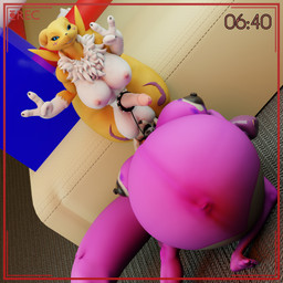 anthro areola balls balls_on_face belly belly_inflation big_areola big_balls big_belly big_breasts black_areola black_nipples black_sclera blue_eyes bodily_fluids boxing_gloves breasts bruised bruised_breast camera_overlay clothing colored_nails cum cum_in_mouth cum_inflation cum_inside duo female fur genital_fluids genitals gesture gynomorph hair hand_gesture handwear huge_belly huge_breasts humanoid_genitalia humanoid_penis hyper hyper_belly inflation intersex intersex/female looking_at_viewer nails neck_tuft nipples penis pink_body pink_fur red_nails tuft v_sign victory_pose white_balls white_body white_fur white_hair yellow_body yellow_fur onehundredandone valorlynz_(modeler) warfaremachine_(modeler) bandai_namco digimon yuni_hermit canid canine canis digimon_(species) mammal renamon wolf 1:1 3d_(artwork) absurd_res digital_media_(artwork) hi_res