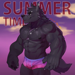 abs anthro biceps black_body black_fur bodily_fluids bottomwear clothing cross fur inverted_cross male muscular muscular_anthro muscular_male nipples pecs simple_background solo text pie2000yzb canid canine canis mammal wolf 1:1 2020 hi_res