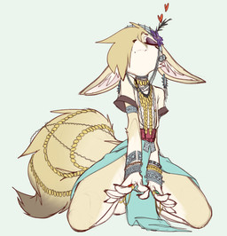 5_fingers accessory anthro areola armband big_ears big_tail black_claws black_nose bracelet brown_markings brown_tail_tip claws closed_smile clothed clothed_anthro clothed_male clothing countershade_face countershade_fur countershade_legs countershade_torso countershading digit_ring dipstick_tail ear_piercing ear_ring ears_down eyes_closed eyeshadow femboy finger_claws finger_ring fingers flower flower_in_hair fluffy fluffy_tail front_view fur fur_markings furgonomics gloves_(marking) hair hair_accessory hair_over_eye heart_symbol inner_ear_fluff jewelry kneeling linked_nipples makeup male male_anthro markings mouth_closed multicolored_body multicolored_fur navel necklace nipple_piercing nipples one_eye_obstructed pelvic_curtain piercing pink_areola pink_inner_ear pink_nipples pivoted_ears plant pose purple_eyeshadow ring ring_piercing simple_background skinny skinny_anthro skinny_male slim slim_anthro slim_male smile snout tail tail_accessory tail_jewelry tail_markings tan_body tan_fur tan_hair tuft white_background white_body white_countershading white_fur white_inner_ear_fluff white_markings white_tuft nekodoiko canid canine fennec_fox fox mammal true_fox 2024 digital_drawing_(artwork) digital_media_(artwork) full-length_portrait portrait