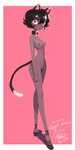 :< animal_humanoid anthro black_cat_(colo) black_hair breasts brown_body brown_fur c0pycat cat_humanoid cat_tail collar colo felid felid_humanoid feline feline_humanoid felis female flats fur genitals hair hi_res humanoid looking_at_viewer mammal mammal_humanoid nude nude_female pink_background pink_eyes pubes pussy short_hair simple_background skinny solo standing tail thick_thighs