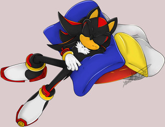 anthro black_body boots clothing countershade_face countershading eyes_closed fluffy fluffy_chest footwear gloves hand_behind_head handwear head_spines male markings pillow pillow_pile pointed_tail pointy_ears prick_ears quills_(anatomy) red_markings shoes simple_background sleeping solo white_boots white_clothing white_footwear white_gloves white_handwear yenristar sega sonic_the_hedgehog_(series) shadow_the_hedgehog eulipotyphlan hedgehog mammal 2015 signature watermark