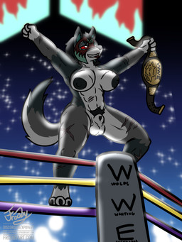 anthro big_breasts breasts championship_belt clothing crowd fighting_ring green_body grey_body group gynomorph headgear headgear_only headwear headwear_only intersex lipstick lit_from_behind lucha_libre_mask luchador makeup mask mask_only mostly_nude muscular muscular_gynomorph muscular_intersex nude pose red_sclera scar solo sports_mask sportswear text wearing_mask white_body white_eyes wrestler wrestling wrestling_mask frooby canid canine canis mammal wolf 3:4 absurd_res english_text hi_res