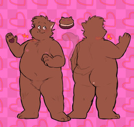anthro belly brown_body brown_fur butt featureless_crotch fur humanoid_hands male moobs nipples nude overweight overweight_anthro overweight_male pattern_background simple_background solo shyybuchi cookie_(shyybuchi) domestic_cat felid feline felis mammal 2021 model_sheet