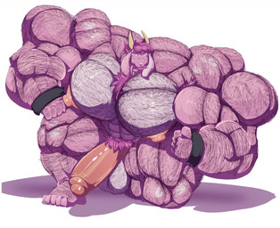 5_fingers 5_toes anthro balls beard big_balls big_muscles big_pecs big_penis blue_eyes bracelet chest_tuft erection facial_hair feet fingers flexing genitals grin hair hairy horn huge_balls huge_muscles huge_pecs huge_penis hyper hyper_balls hyper_genitalia hyper_muscles hyper_pecs hyper_penis jewelry kneeling looking_at_viewer male muscular muscular_anthro muscular_male nipples nude pecs penis pink_body pink_hair pink_skin simple_background smile solo toes tuft white_background bobert bovid caprine caprine_demon demon goat_demon mammal 2020