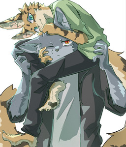 anthro carrying_another clothed clothing duo feet fur grey_body grey_fur holding_another hoodie kemono male male/male multicolored_body multicolored_fur one_eye_closed pawpads paws personal_space_invasion shirt size_difference t-shirt tan_body tan_fur topwear two_tone_body two_tone_fur white_body white_fur asagi157 canid canine canis felid feline mammal serval wolf hi_res
