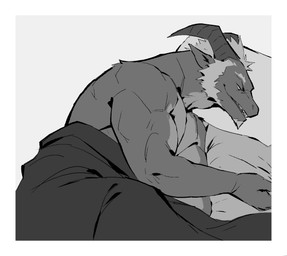 2_horns anthro bed bed_covers bed_sheet bedding border countershade_arms countershade_neck countershade_torso countershading facial_hair fur furniture grey_background hair head_horn horn humanoid_pointy_ears lying lying_on_bed male muscular muscular_anthro muscular_male nude nude_anthro nude_male on_bed on_side open_mouth open_smile pillow pointy_ears pupils side_view simple_background smile snout solo teeth tongue_showing white_border kingarthur_i mythology dragon mythological_creature mythological_scalie scalie wingless_dragon 2024 aliasing binary_drawing digital_drawing_(artwork) digital_media_(artwork) greyscale half-length_portrait hi_res monochrome portrait
