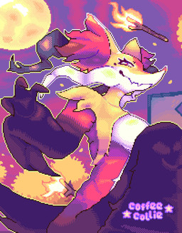 anthro black_body black_fur breasts eyelashes female fire fur medium_breasts moon night outline outside red_body red_fur sky smile solo stick text white_body white_fur yellow_body yellow_fur yellow_outline coffee_collie nintendo pokemon pokemon_legends_z-a generation_9_pokemon mega_delphox mega_evolution pokemon_(species) artist_name digital_media_(artwork) dithering hi_res pixel_(artwork)