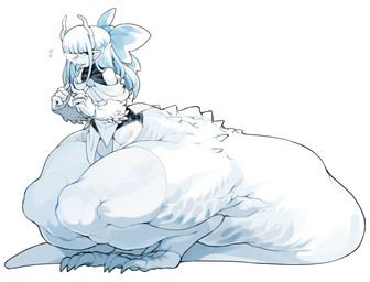 accessory alternate_species ambiguous_gender bangs bare_shoulders blunt_bangs blush bodily_fluids bottom_heavy claws clothed clothing flying_sweatdrops hair hair_accessory hair_ribbon horn huge_hips huge_thighs legwear long_hair pointy_ears ribbons sidelocks solo sweat sweatdrop tail thick_tail thick_thighs thigh_highs tongue tongue_out wide_hips cibastion demi_(cibastion) dinosaur prehistoric_species reptile scalie theropod hi_res male_(lore)