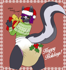 ageplay anthro black_body black_fur black_nose bodily_fluids brown_eyes christmas_clothing christmas_headwear clothed clothing diaper female female_anthro fur genital_fluids green_clothing green_sweater green_topwear grey_body grey_fur hair hat headgear headwear holidays infantilism looking_at_viewer looking_back looking_back_at_viewer narrowed_eyes open_mouth open_smile purple_hair rear_view red_background red_clothing red_hat red_headwear roleplay santa_hat simple_background smile solo standing sweater text topwear unclean_diaper urine used_diaper wet_diaper white_body white_diaper white_fur hardscales christmas mammal mephitid skunk english_text hi_res