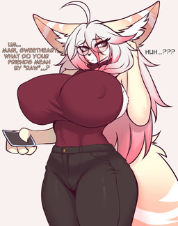 anthro big_breasts big_ears biped bottomwear breasts clothed clothed_anthro clothed_female clothing eyewear female front_view fully_clothed fully_clothed_anthro fully_clothed_female fur glasses gradient_hair hair huge_breasts inner_ear_fluff long_hair makeup mascara mature_female mole_under_eye nipple_outline pants pink_hair round_glasses solo standing tan_body tan_fur text tight_clothing tuft wearing_glasses white_hair nastycalamari tori_(nastycalamari) canid canine fennec_fox fox mammal true_fox absurd_res english_text hi_res