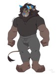 anthro black_sclera blue_horn blue_nose clothing dark_mane fangs horn male muscular muscular_male shirt solo t-shirt teeth topwear yellow_eyes murkyhaze where_the_demon_lurks kobu_(wtdl) demon felid lion mammal pantherine 3:4 hi_res