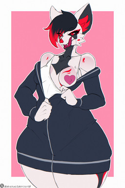 anthro black_sclera bottomless breasts clothed clothing female fur heart_symbol inner_ear_fluff long_tongue looking_at_viewer nipple_tape one_breast_out pasties presenting presenting_breasts red_body red_eyes red_fur small_breasts solo sweater tape tongue topwear tuft white_body white_fur averag3artist bernadette_selka bat flying_fox mammal megabat absurd_res hi_res trans_(lore) trans_woman_(lore)