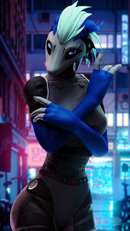 3_fingers anthro belt blue_clothing blue_eyes blue_fingerless_gloves blue_gloves blue_handwear blurred_background breasts city clothing colored_nails crossed_arms female fingerless_gloves fingers gloves grey_clothing grey_nails grey_shirt grey_topwear hair handwear machine medium_breasts nails non-mammal_breasts outside shirt short_hair solo topwear wide_hips thenicedragon warfaremachine_(modeler) cassie_alilkira warfare_alilkira alien android biyemorph robot scalie 3d_(artwork) 9:16 digital_media_(artwork) hi_res