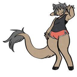 anthro arm_tuft big_tail biped black_bra black_clothing black_underwear bottomwear bra bracelet broken_horn brown_body brown_fur claws clothed clothing dolphin_shorts female flat_chested fur grey_clothing grey_hair grey_horn grey_shirt grey_tank_top grey_topwear hair hand_on_hip hooves horn jewelry open_mouth orange_eyes raised_arm red_bottomwear red_clothing red_shorts shirt short_hair shorts shoulder_tuft simple_background smile solo standing tail tank_top teeth tongue topwear tuft underwear white_background manitka manitka_storm bovid bovine cattle mammal 1:1 2025 digital_media_(artwork) hi_res