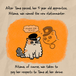 ambiguous_gender calico_pattern clothing duo feral fluffy fluffy_tail hat headgear headwear kepi medallion paws sitting tail text thought_bubble uniform wearing_hat caroline_quach exploding_kittens wakayama_electric_railway_co_ltd honorary_eternal_stationmaster_tama stationmaster_nitama calico_cat deity domestic_cat felid feline felis mammal 1:1 english_text low_res official_art female_(lore)