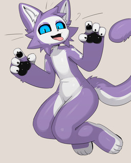 anthro biped black_sclera blue_eyes fur kemono male nude_anthro nude_male purple_body purple_fur safe_nudity slim_anthro slim_male solo tongue tongue_out white_body white_fur carbine_wolf presto_(character) domestic_cat felid feline felis mammal 2025 4:5 absurd_res hi_res