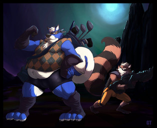anthro belly big_belly bulge clothing duo golf_club male male/male mask overweight overweight_male space topwear vest weapon wearing_mask gtskunkrat guardians_of_the_galaxy marvel delako rocket_raccoon canid canine canis domestic_dog mammal nordic_sled_dog procyonid raccoon spitz