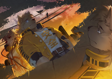 anthro belt biped black_nose black_sclera clothing detailed_background duo electronics frown fur grey_eyes grin hair headphones jacket male muscular muscular_anthro muscular_male puddle red_eyes reflection shirt smile standing tan_body tan_fur tan_hair text text_on_clothing text_on_shirt text_on_topwear topwear water white_clothing white_shirt white_topwear yellow_clothing yellow_jacket_(clothing) yellow_topwear hglc233 dog_x_bloods dod_(dog_x_bloods) protagonist_(dog_x_bloods) canid canine canis domestic_dog mammal 2022 absurd_res digital_drawing_(artwork) digital_media_(artwork) hi_res