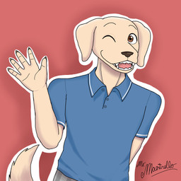 anthro bottomwear brown_eyes clothed clothing ears_down fur looking_at_viewer male open_mouth pants pivoted_ears shirt simple_background smile solo tail teeth text topwear mr._maestrello beastars jack_(beastars) bird_dog canid canine canis domestic_dog hunting_dog labrador mammal retriever 1:1 2026 absurd_res artist_name colored digital_drawing_(artwork) digital_media_(artwork) hi_res shaded signature watermark