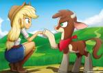 blonde_hair boots clothing crouching duo female feral fist_bump footwear freckles gesture green_eyes hair hat headgear headwear horn knee_boots knee_highs legwear outside shoes smile the-butcher-x equestria_girls hasbro my_little_pony them's_fightin'_herds applejack_(eg) arizona_cow_(tfh) bovid bovine cattle hereford_cattle human mammal 2015 crossover