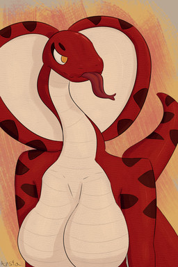 anthro big_breasts breasts featureless_breasts female forked_tongue nude orange_eyes red_body scales snake_hood solo tail tongue ventral_scales ansia_(artist) ruby_(ansia) cobra reptile scalie snake 2:3 absurd_res hi_res
