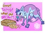 blue_body blue_fur blue_hair cereal cheek_tuft chest_tuft dialogue eating eating_food facial_tuft food fur green_markings hair humor male markings pawpads paws pink_pawpads purple_background purple_body purple_fur sharp_teeth simple_background solo sound_effects teeth text tuft wide_eyed luckfoxo33 cheerios general_mills tolng canid canine fox mammal english_text hi_res andromorph_(lore) trans_(lore) trans_man_(lore)